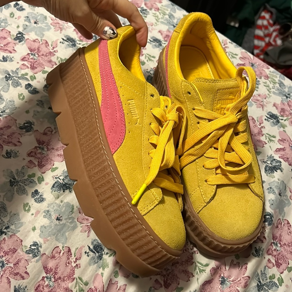 Yellow and pink platform suede fenty pumas